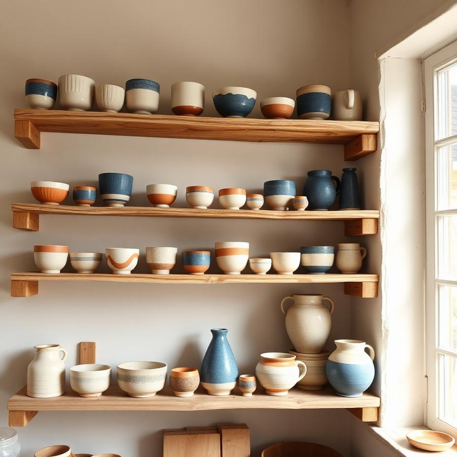 Wooden shelves with handmade ceramics