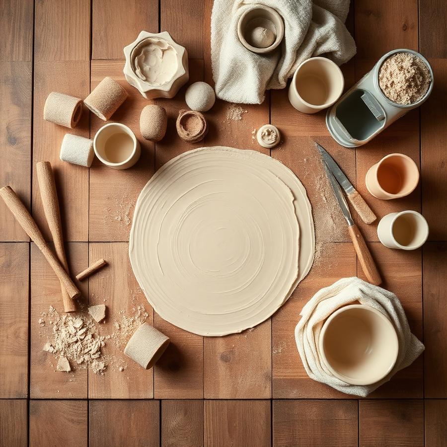 Workshop table with clay tools