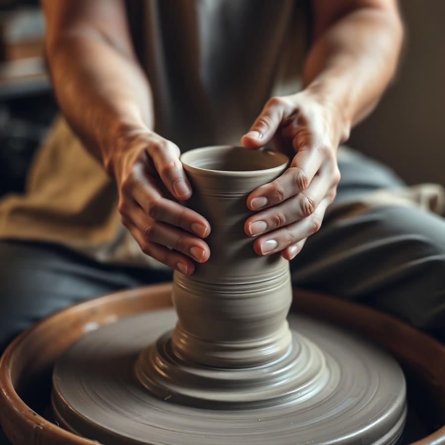 Hands shaping clay on a wheel